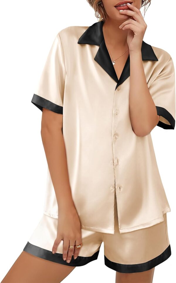 Women Silk Satin Pajamas Set Button Down Short Sleeve Lounge Set 2 Piece Notch Collar Sleepwear Sets Soft Pjs S-XXL