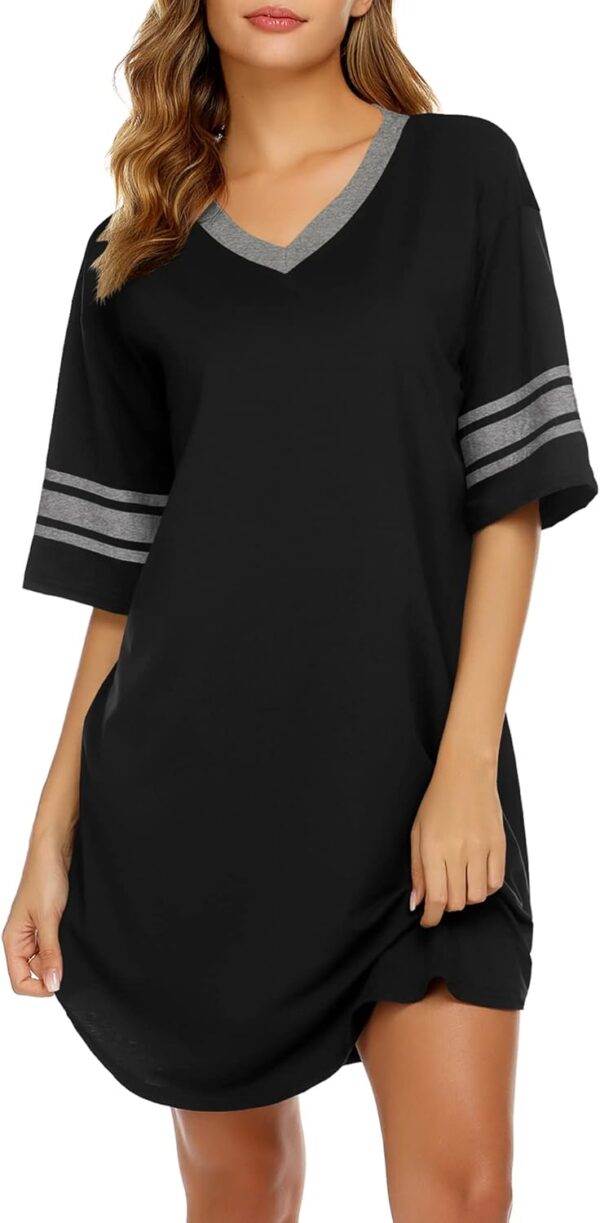 Women Nightgown Cotton Sleepwear Short Sleeve Sleep Shirt V Neck Color Block Nightshirt