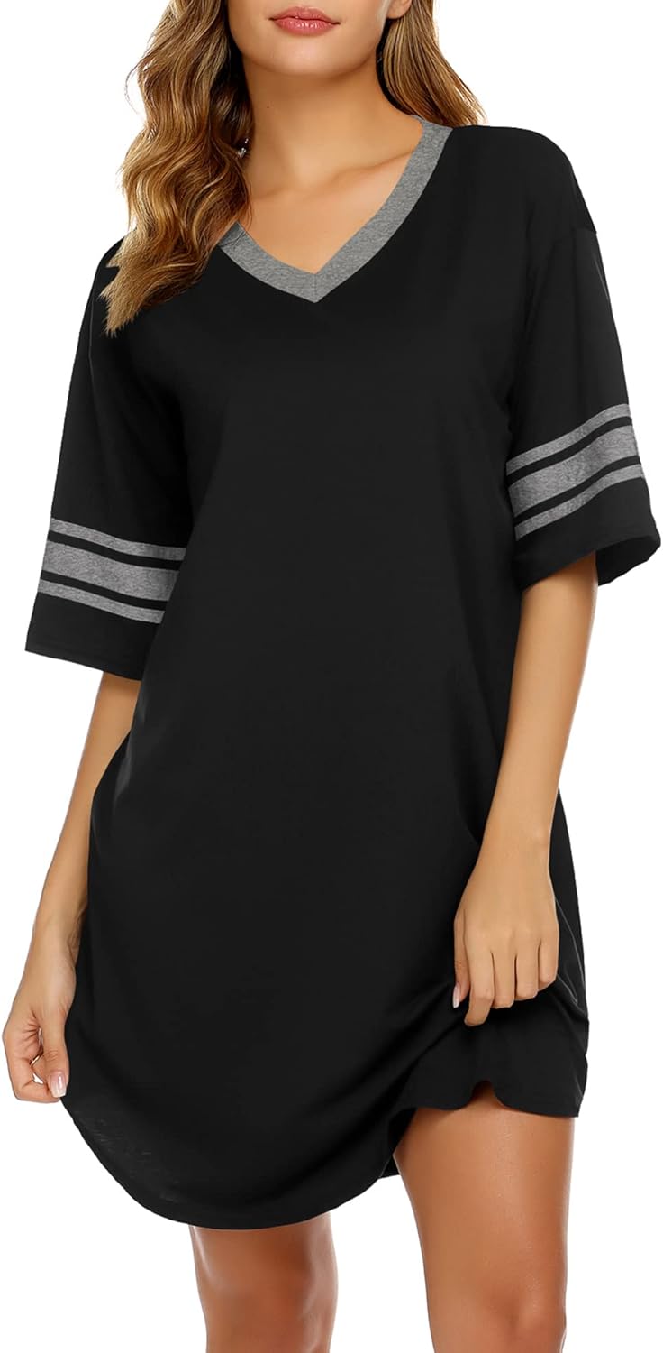 Women Nightgown Cotton Sleepwear Short Sleeve Sleep Shirt V Neck Color Block Nightshirt