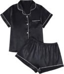Silk Satin Pajama Set for Women 2 Piece Lounge Pjs Shorts Matching Summer Sleepwear Button Down Shirt Shorts