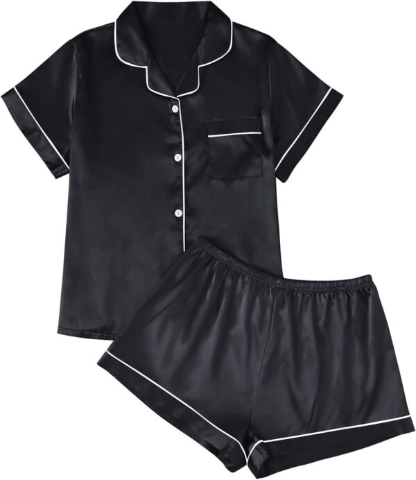 Silk Satin Pajama Set for Women 2 Piece Lounge Pjs Shorts Matching Summer Sleepwear Button Down Shirt Shorts