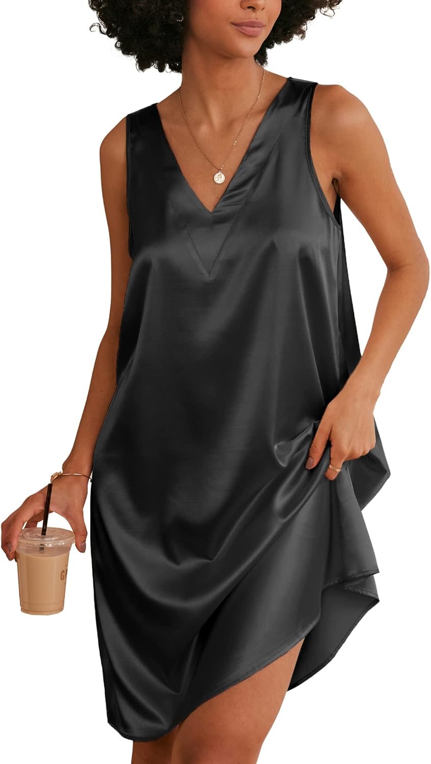 Women Satin Silk Nightgown V Neck Nightie Tank Sleepshirt Sleeveless Summer Dress Comfy Loungewear