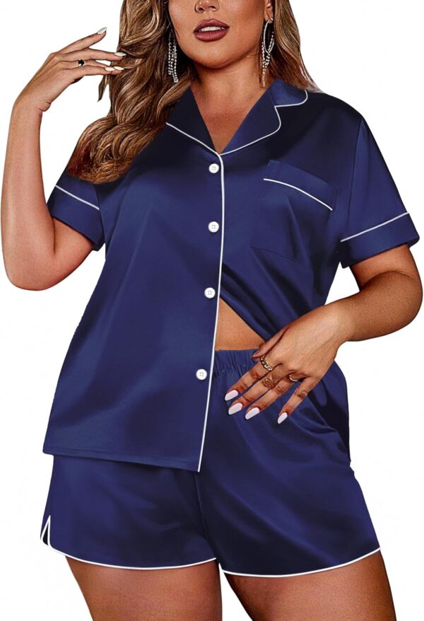 Women Silk Satin Pajamas Set Short Sleeve Sleepwear Button Down Loungewear 2 Piece Pjs Shorts Set S-5X Plus Size - Image 2