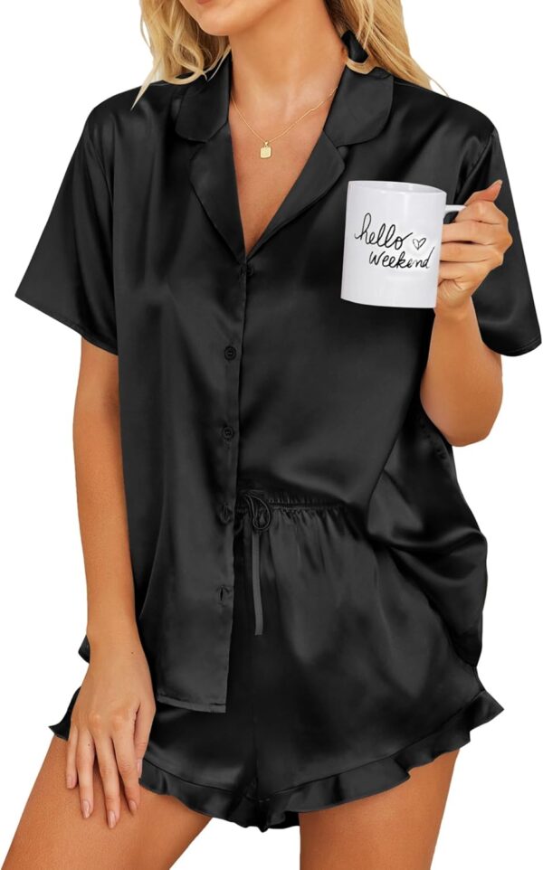 Women Silk Pajamas Set Button Down 2 Piece Satin Pjs Shorts Set Ruffle Notch Collar Sleepwear