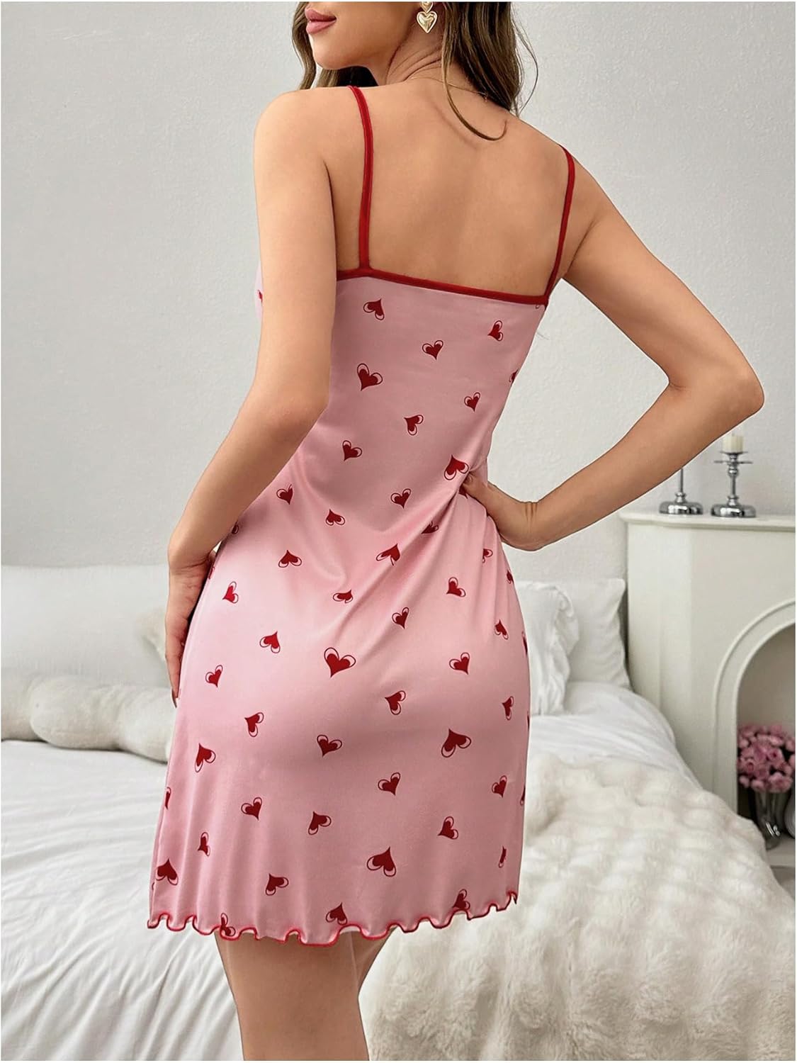 Women Heart Print Cute Nightgowns Sexy Contrast Lace Lingerie Mini Cami Nightdress - Image 2