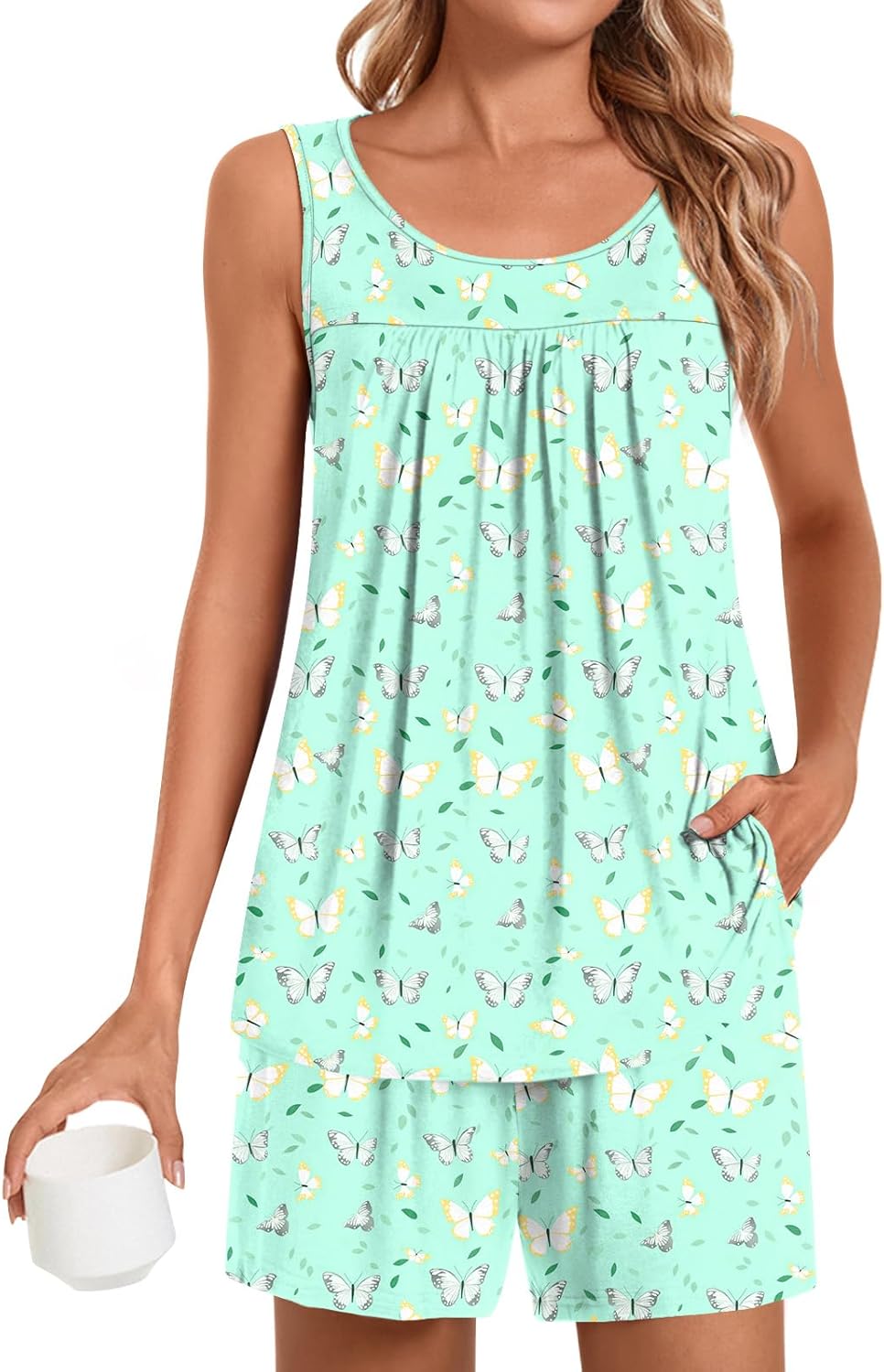 Pajama Set for Women Summer Sleeveless Tank Tops Pjs Sets 2 Piece Lounge Set Comfy Shorts Sleepwear with Pockets