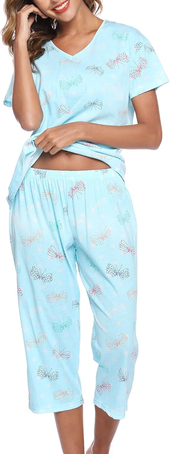 Women Pajama Sets Cotton Pj Set Short Sleeve Top With  Pants Sleepwear 2 Piece Lounge Set - Image 2