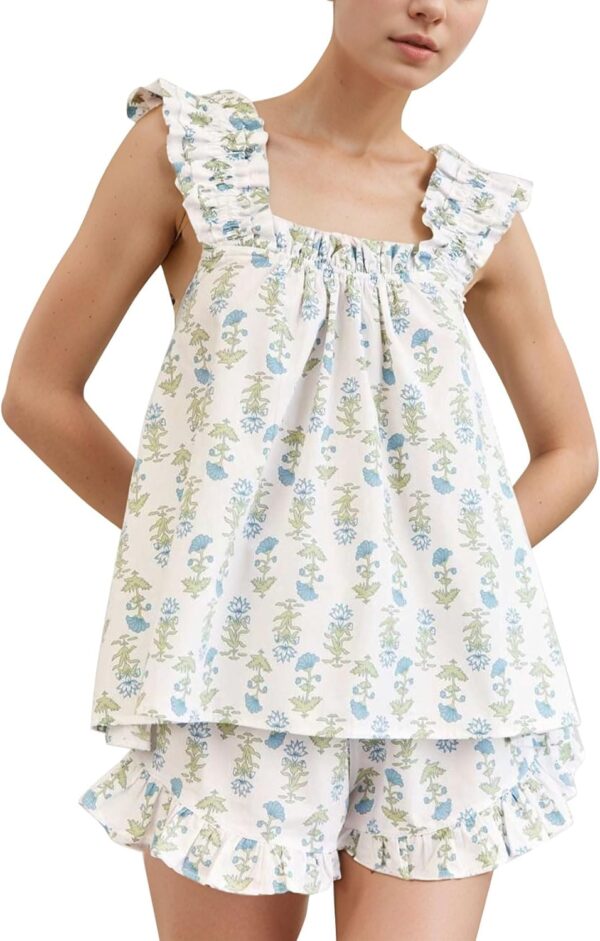 Floral Pajama Sets for Women 2 Piece Lounge Set Ruffle Cami Top and Shorts Pj Set Sleepwear