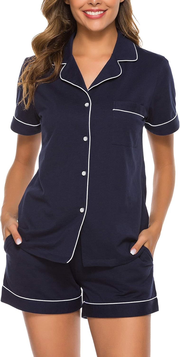 Women 100% Cotton Pajamas Short Set Soft Short Sleeve Sleepwear Button Down Summer Pjs Set with Pockets S-XXL