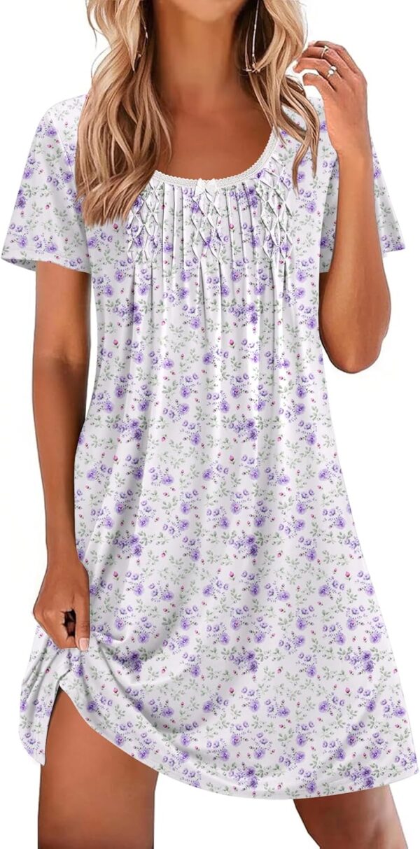 Nightgowns for Women Pleated Sleep Shirts Short Sleeve Night Shirts Lace Trim Night Gown Ladies Sleep Dress