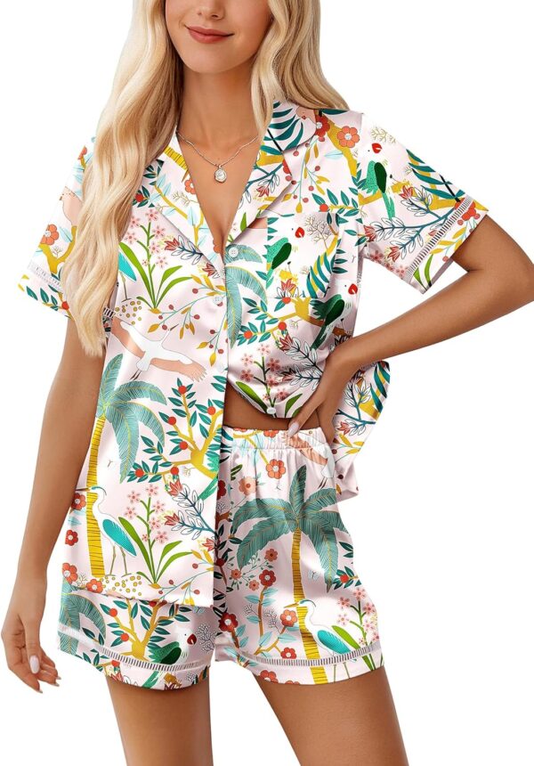 Women Silk Pajama Sets Button Up Satin Pjs Short Sleeve 2 Piece Cute Loungewear Notch Collar with Chest Pocket