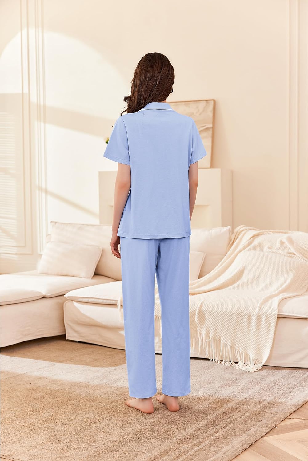 Women Cotton Pajamas Set Short Sleeve Button Down Pjs 2 Piece Soft Sleepwear with Long Pants Lounge Set - Image 2