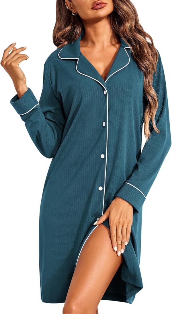 Women Long Sleeve Nightgowns Button Down Sleep Shirts V-Neck Night Gowns Night Shirts