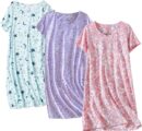 3 Pack Women Cotton Nightgown Sleepwear Short Sleeves Shirt Casual Print Sleepdress