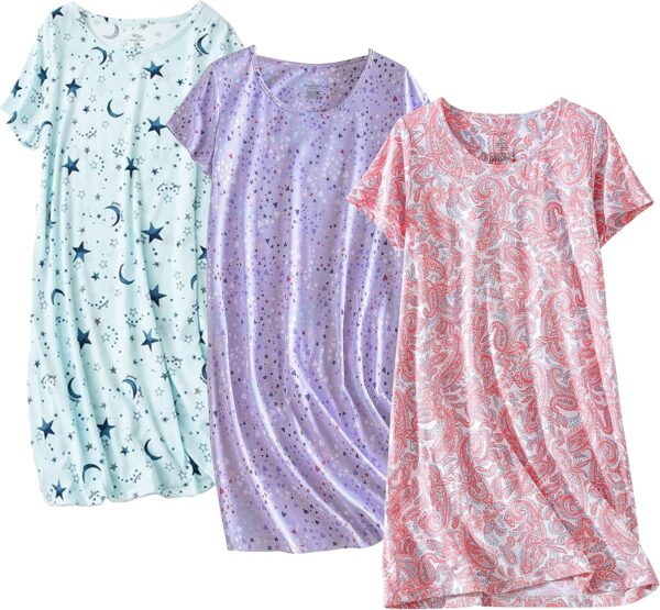 3 Pack Women Cotton Nightgown Sleepwear Short Sleeves Shirt Casual Print Sleepdress